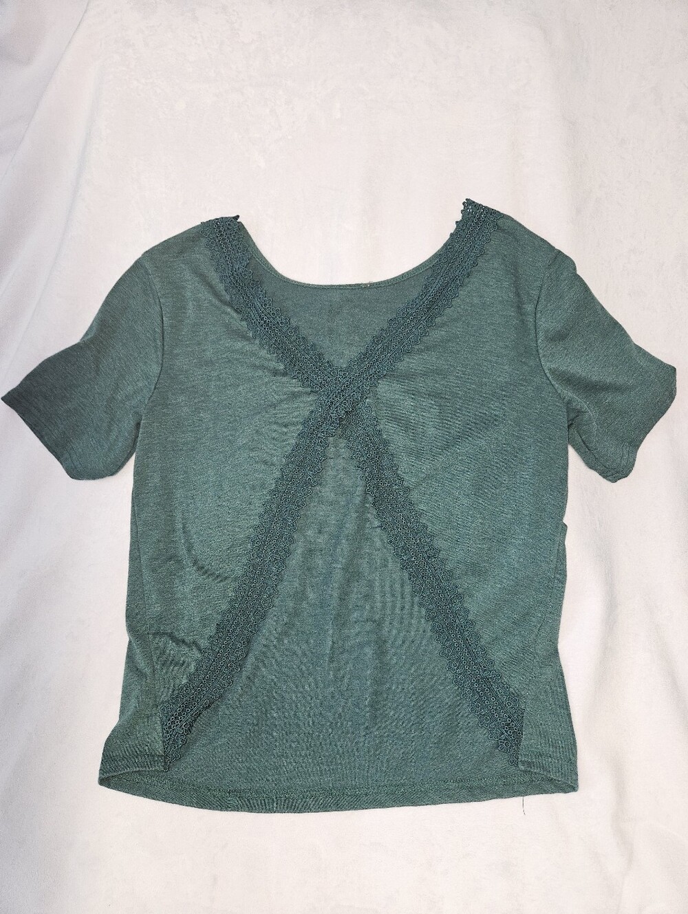 Ladies Short Sleeve Green Lace Trim Tee
